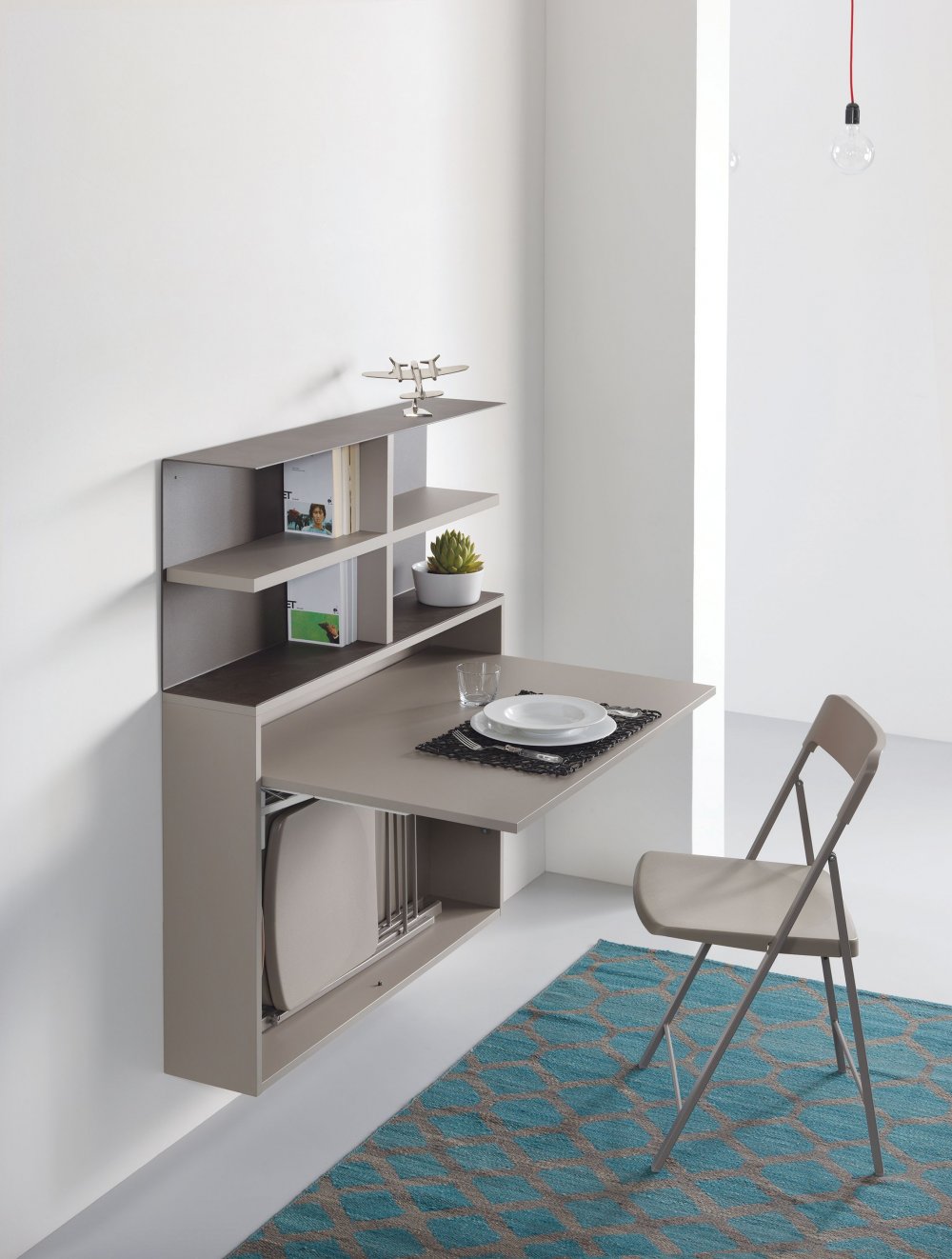 Compo Bureau/Table Extensible TAVOLO 2 avec Bibliothèque mural Gris taupe 3 chaises grises intégrées 